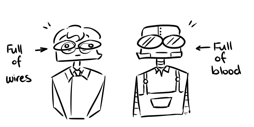 A bug-eyed doodle of Medic and Engineer, as described above. Both have neutral expressions.