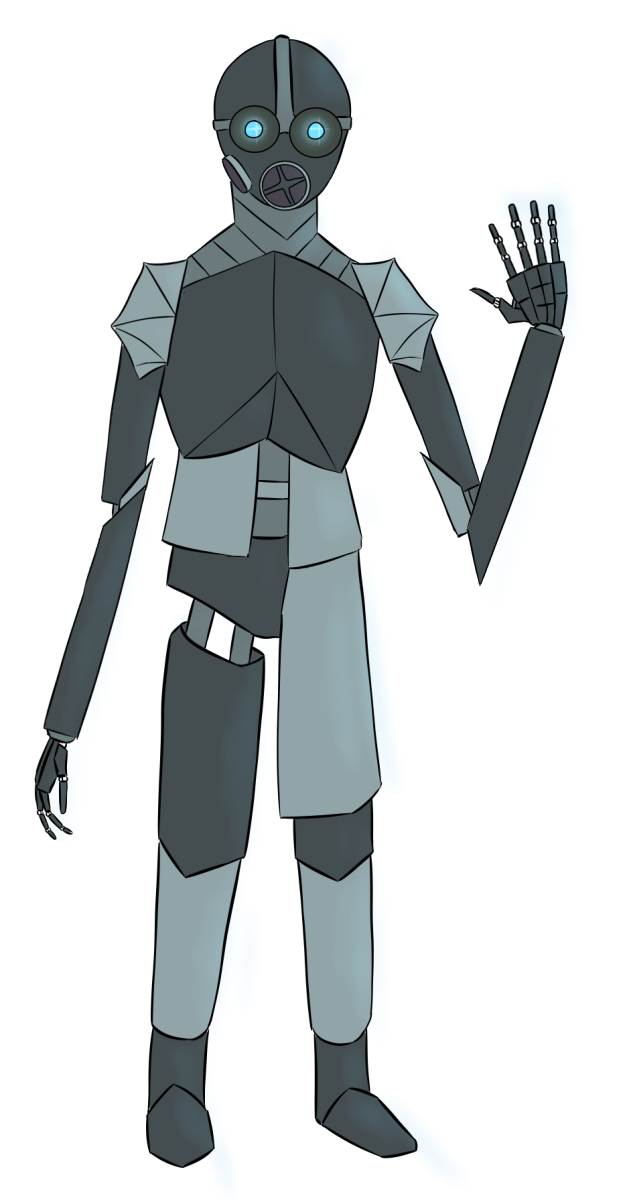 A fullbody image of Mann and Machine's version of Pyro. He is standing up and waving at the camera. He has glowing blue eyes, and a metal body. The torso and shoulders are built in a way reminiscent of armor, while the arms are quite spindly with obvious joints. One leg is mostly covered by steel, while the other is left uncovered at the point where it attaches to the body.
