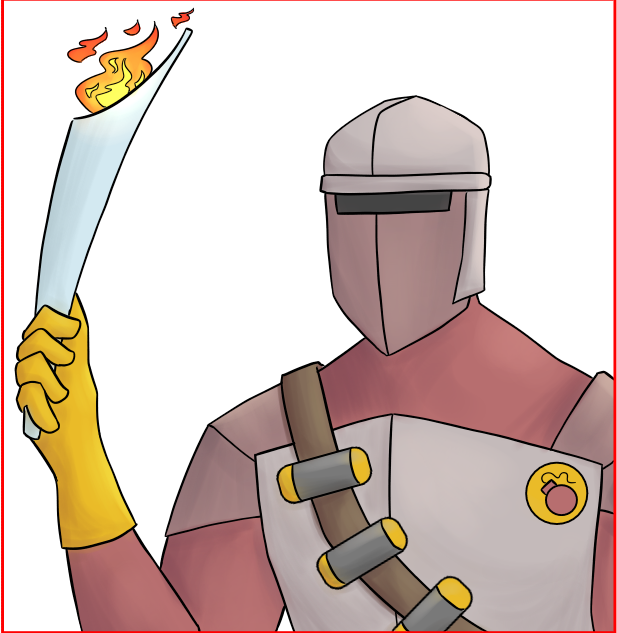 A figure wearing a helmet that shields their face completely, and body armor. They are holding a flaming torch in his hand.