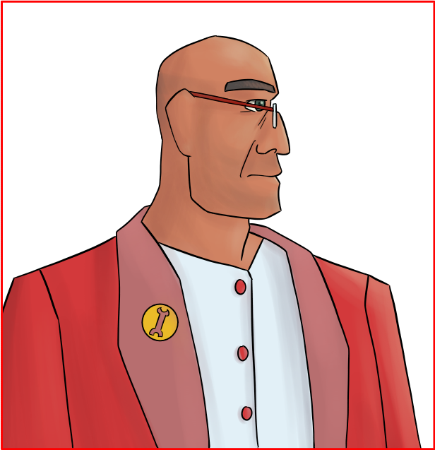 A middle aged, bald man looking off to the right. He is wearing a red jacket with felt lapels and a white button-up, with red spectacles. He has dark brows, dark grey-green eyes, a prominent brow, a large hooked nose, a square jaw, and warm-toned, tanned skin.
