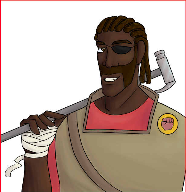 A man holding a warhammer over his shoulder and smiling at the camera. He is wearing a leather vest, a red shirt, bandages wrapped around his hand, and an eyepatch over his left (the viewer's right) eye. He has a brown eye, dark hair in short cornrows, a low nose with a bulbous tip, a short beard, a narrow but prominent jawline, and dark, cool-toned skin.