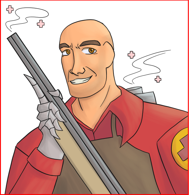 A bald man wearing a dark red shirt and a brown leather apron. He is holding a rifle with a sharp-fingered hand made out of metal, and grinning. He has light brown eyes, dark eyebrows, a low nose with a triangular tip, a rounded but blocky jawline, and pale skin.