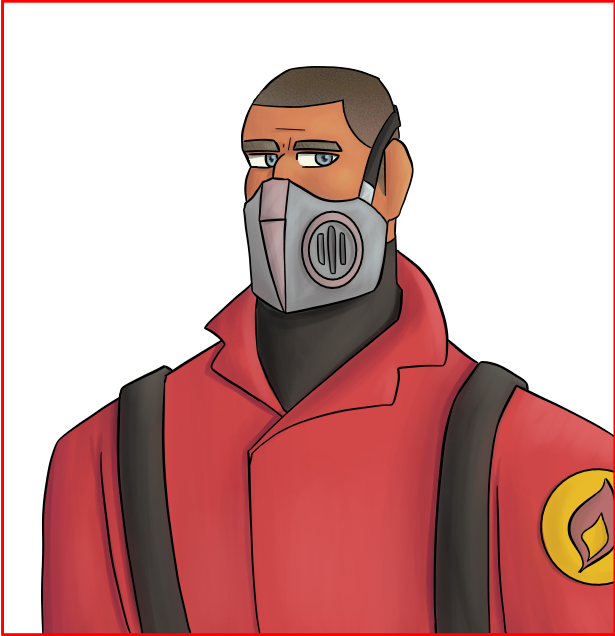 A man wearing a gas mask that covers his nose and mouth, a red coat, and a pair of straps holding up a gas canister on his back. He has grey-blue eyes, short brown hair, a square jawline, a high nose bridge, and orange-toned skin.