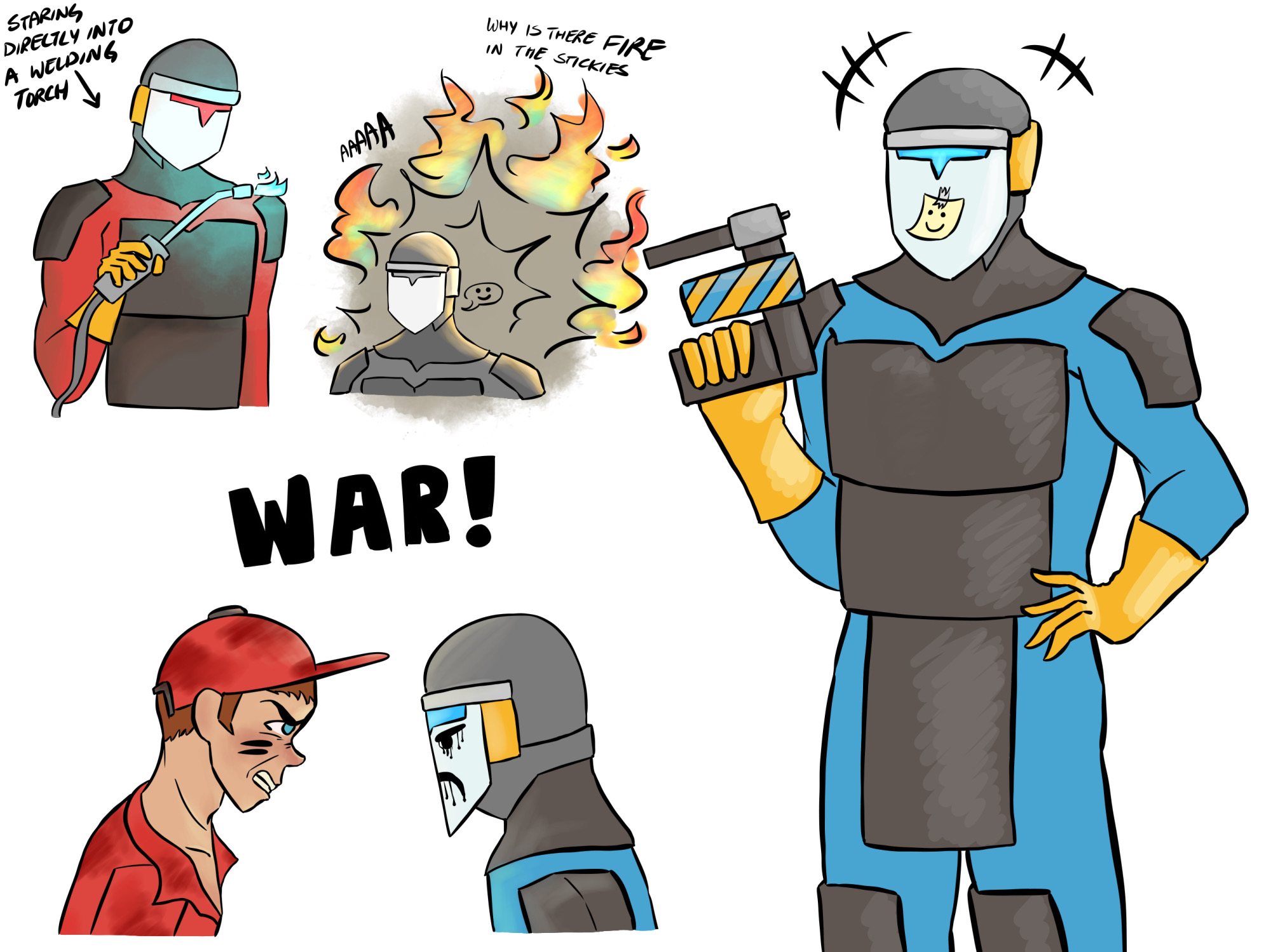 Various fully coloured drawings of Right-Shift Demo. They use a slightly different design to the image at the top of the screen, with a brighter and more contrasting colour scheme. One image shows Demo, as noted by a caption, staring directly at a welding torch. Another shows Demo walking away from an explosion with a speech bubble emitting a smiling face, as those caught inside scream and bemoan the presence of fire in stickies. A third shows Demo from the knees up, with one hand on their hip, another holding a stickybomb launcher at shoulder height, and a smiling face drawn on a sticky note and taped to their visor. Finally, one image, captioned War! replicates the image seen in canon TF2 featuring Soldier and Demo. In this version, Right-Shift Soldier is wearing a red camo cap and two stripes of black war paint, while Demo has a frowning face painted onto their visor in runny black paint or ink.