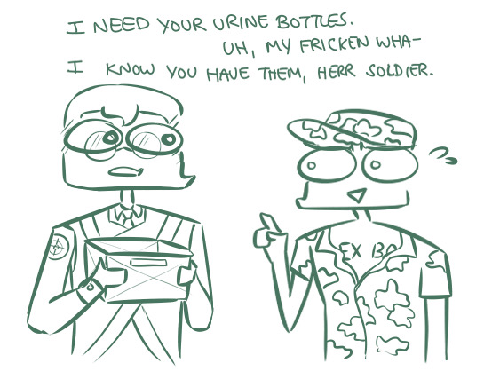 A bug-eyed doodle comic of Right-Shift Sniper and Soldier. Sniper is holding a box, and says to Soldier, I need your urine bottles. Scout replies, with a stunned expression, Uh, My fricken' what. He is calmly cut off by Sniper, who says, I know you have them, Herr Scout.