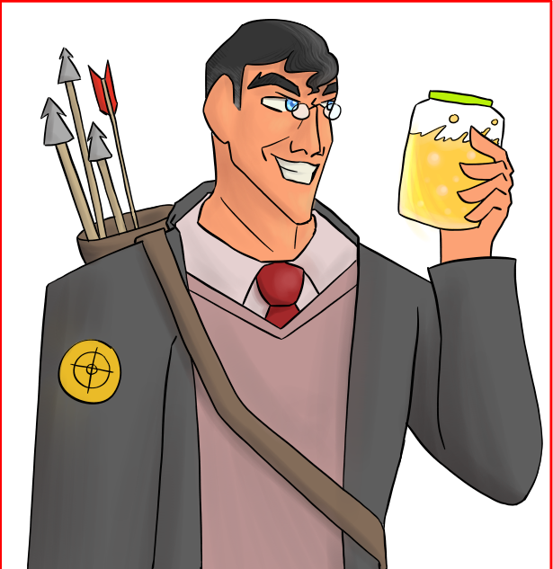 A middle aged man wearing a long grey jacket, a dull pink sweater, a shirt with a collar, and a red tie. He is smiling evilly at a jar of yellow, oily liquid with a green lid. He has black hair with a front-facing cowlick and greying temples, a narrow hooked nose, unnatural blue eyes, a thin but somewhat pronounced jaw, and pale, warm-toned skin.