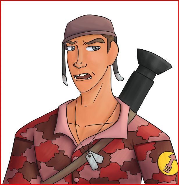 A young man wearing a bucket-like helmet and a red camo shirt. There are dog tags around his neck, and a strap slung across him that holds a rocket launcher on his back. He has short brown hair, grey eyes, a turned-up nose, a round face, prominent buck teeth, and orange-tanned skin.