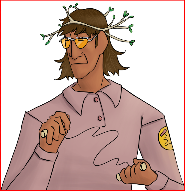 A man wearing a dull grey-pink polo, with several sticks arranged atop his head, and yellow glasses. He has shoulder-length brown hair, red-brown eyes, a long nose with a broad tip, a long face, and mid-browned skin.