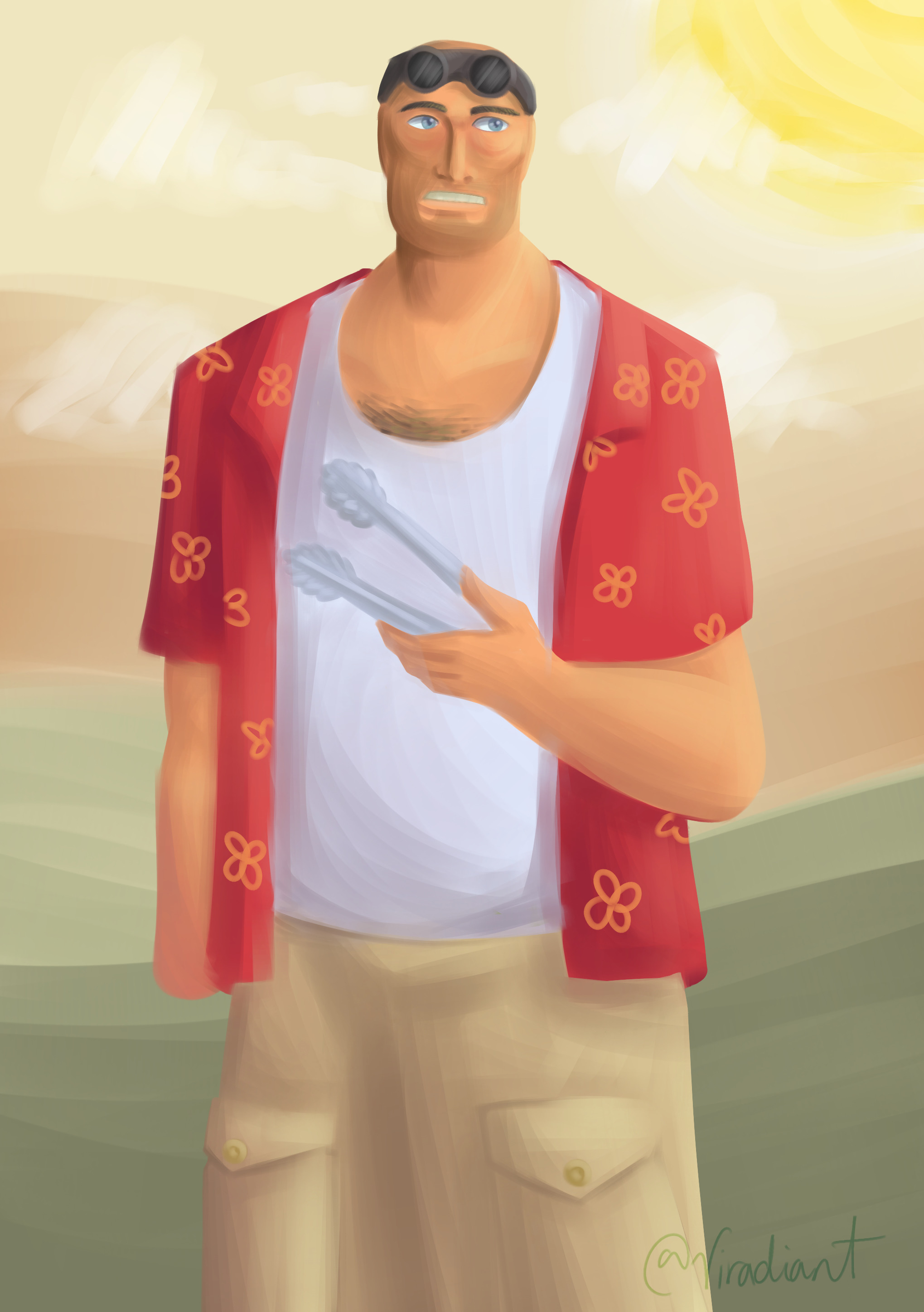 A picture in a painted style of the RED Engineer from TF2. He is mostly facing the viewer, looking off to the right of the image. He is wearing an open flowery shirt with a singlet underneath, and cargo pants, with his goggles propped up on his forehead. He is holding a pair of tongs in his left hand; his right arm is at his side, with his gunslinger off and the stump of his arm slightly reddened. The background shows low green hills and a yellowish sky.