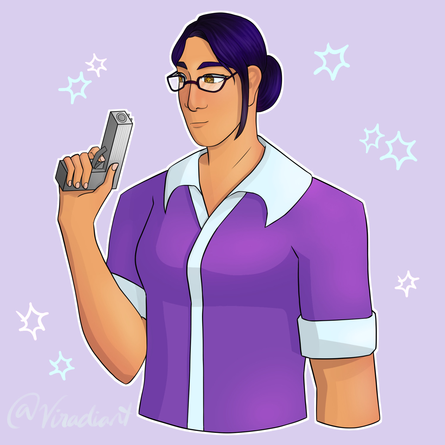 A picture of Miss Pauling from the waist up. She is holding a pistol up in her right hand and inspecting it with a slight smile. The image has a purple background with white-blue and white-red explosion-shaped stars scattered about.