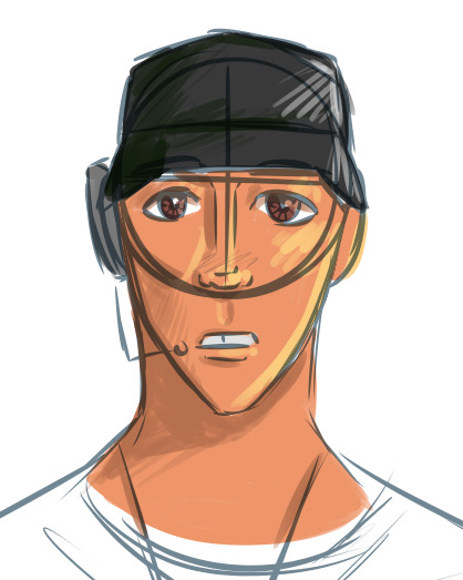 A sketched straight-on headshot of Scout. The face and neck have been coloured in with thick, scribbly pen.
