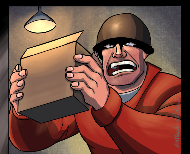 The panel from Meet the Director in which Soldier angrily holds up a cardboard box with one of his heads in it, redrawn without the speech bubbles.