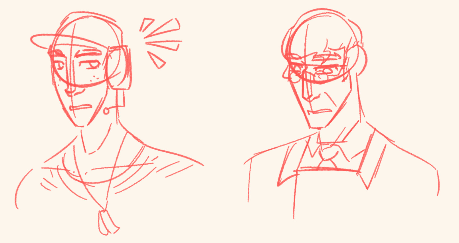 Two sketches in red, pencil-like digital pen. Both are busts at three quarter angles, facing left. Scout is looking to the right, with a little marker near his head indicating he is alert. Medic is looking downwards, and also looking vaguely concerned.
