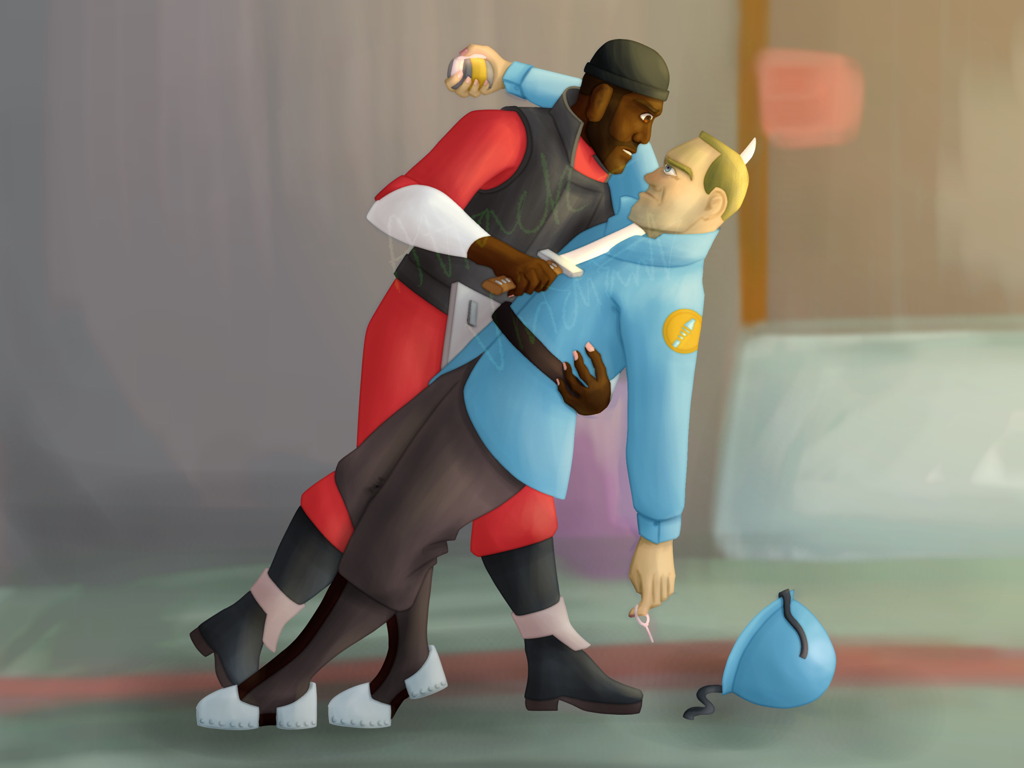 A fully digital painting of Blu Soldier and Red Demoman. Demoman is holding Soldier in a pose something like a dip, and also holding a Half-Zatoichi to his neck. Soldier has one arm slung over Demo's shoulder, holding a grenade, and one arm dangling towards the ground, holding the pin to said grenade. His helmet has fallen onto the floor. Both of them are making eye contact and making expressions that are generally not positive but not exactly angry, either. The background is of one of the outside areas of the 2fort map. It is seen through Pyrovision. This last bit was not intentional, the artist is just stupid and used a Pyrovision reference.